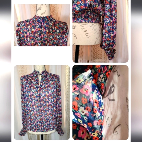 🌹Rachel Zoe blue floral puffed sleeve smocked waist/cuff tie neck, sz med - Picture 4 of 9